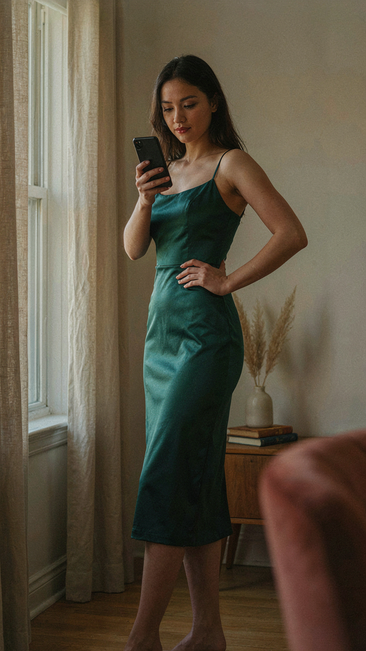 Person records their cocktail dress poses with a smartphone camera.