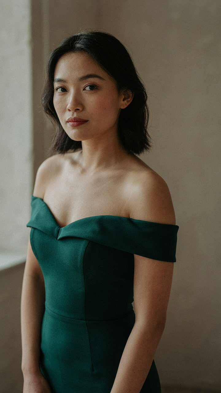 Woman with cool undertones in a jewel-toned off shoulder cocktail dress.