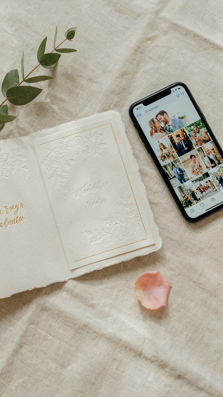 An open wedding invitation next to a phone showing social media photos.