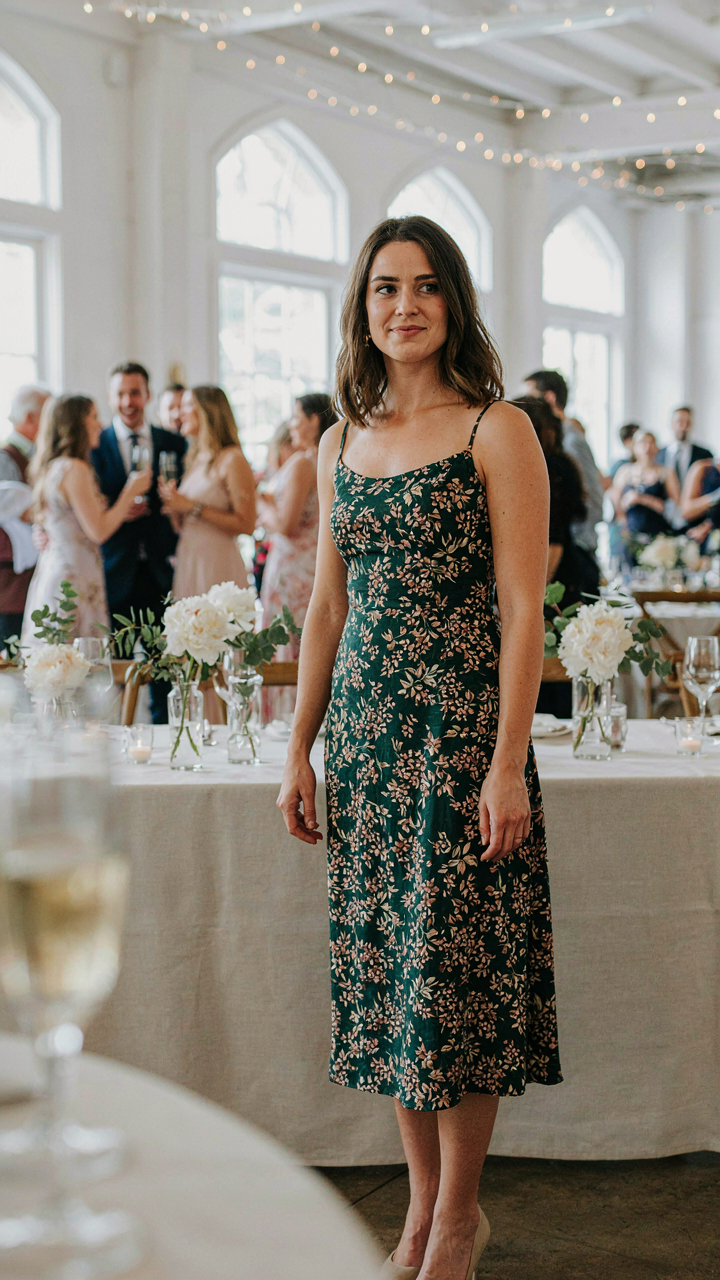 A guest wears a dark, jewel-toned floral cocktail dress at a wedding.