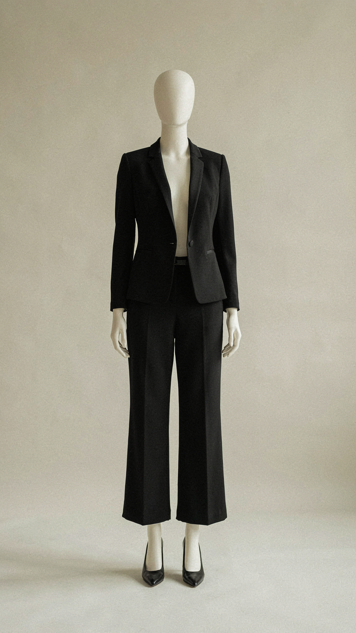 A matte black cocktail jumpsuit on a mannequin with subtle shiny lapels.