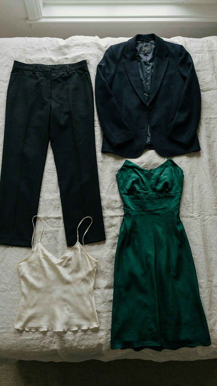 A capsule wardrobe with tailored black trousers, blazer, camisole, and dress.