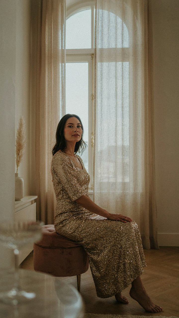 A woman comfortably seated in a sequin cocktail dress, raising an arm.