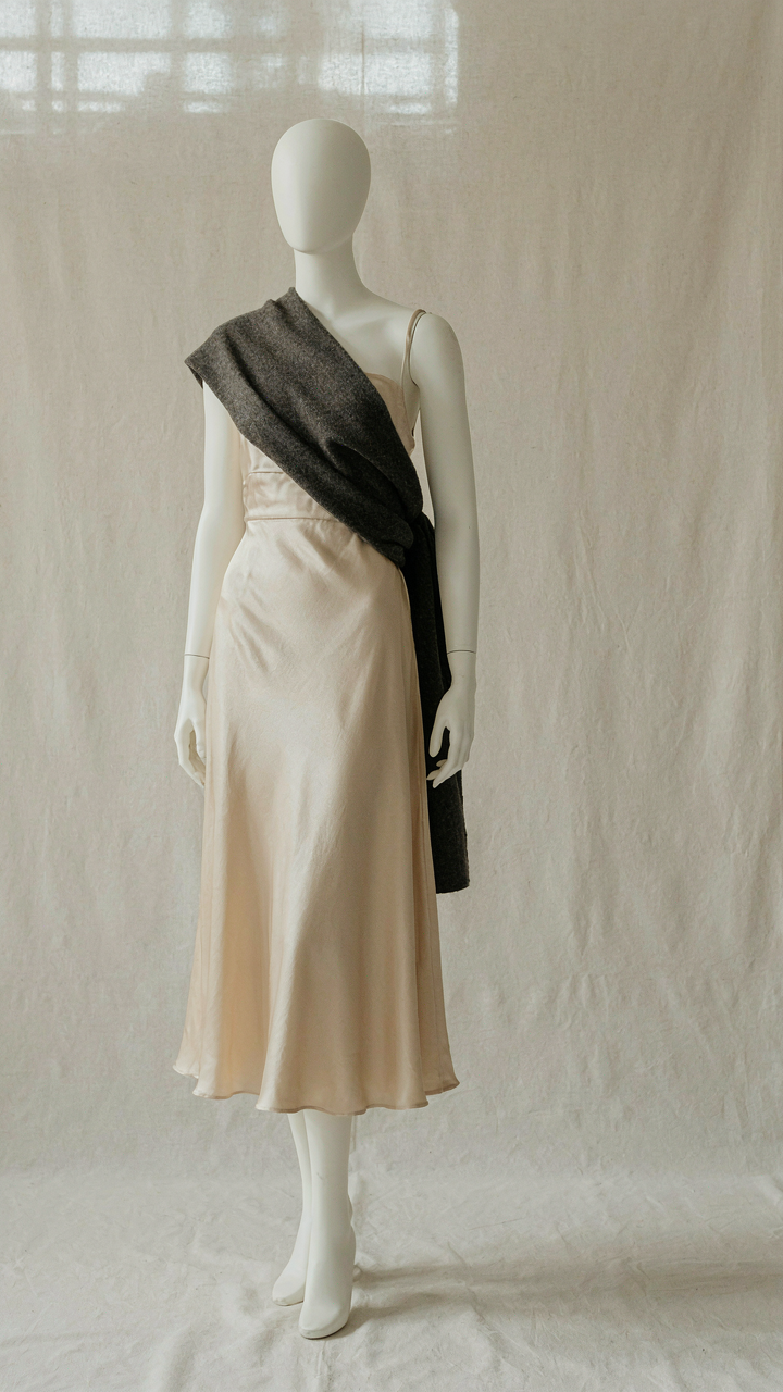 A dark charcoal wrap contrasts with a light champagne evening gown on a mannequin.