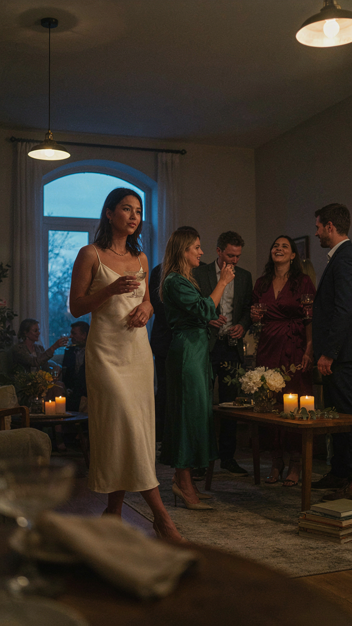 A woman subtly observes other guests' clothing at a social gathering.
