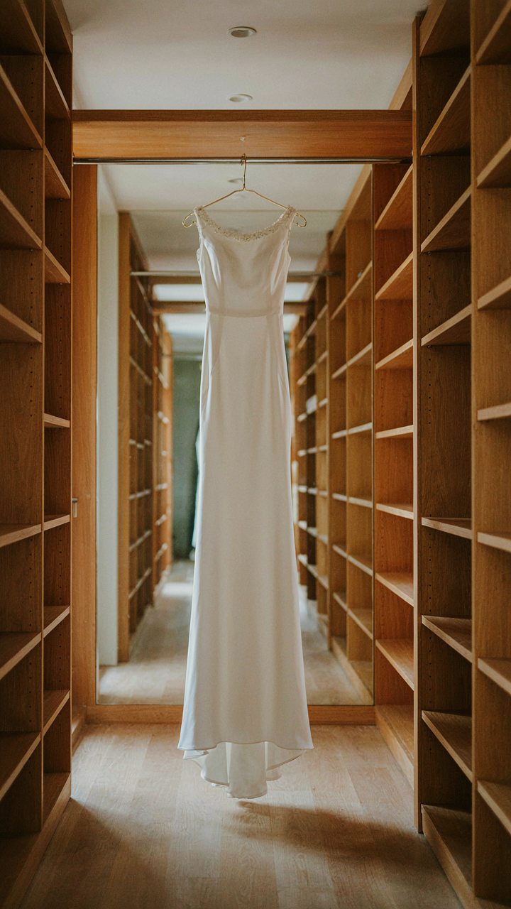 An elegant formal gown hangs alone in an empty closet.