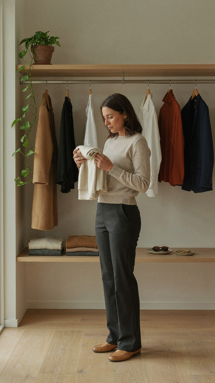 A calm woman selects an outfit from a minimalist, organized closet with few clothes.
