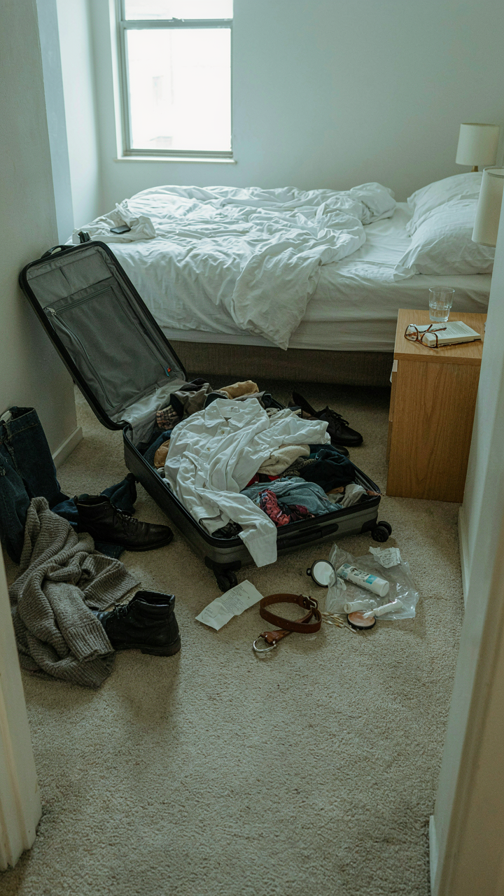 An overflowing suitcase on the floor, clothes spilling out, showing a cognitive load problem.