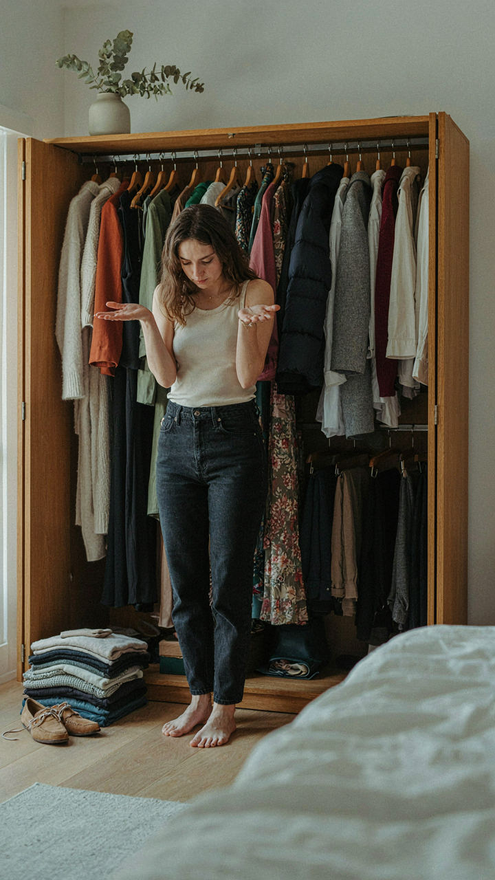 A person looks overwhelmed by too many clothing choices in an open wardrobe.