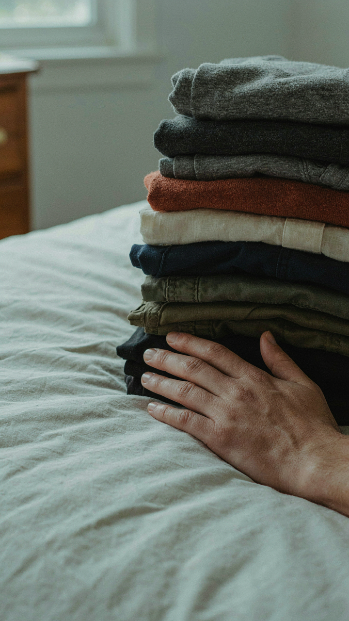 A tired hand rests on many folded clothes, showing decision fatigue.