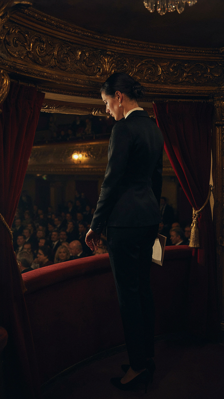 A woman in a tailored black pantsuit stands in an opera box.
