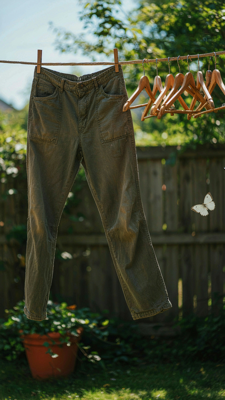 One pair of well-worn hiking pants hangs alone on a clothesline in a sunny garden.