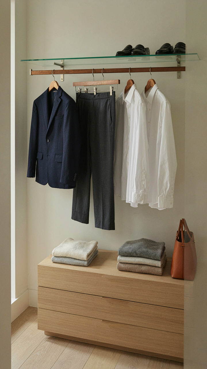An organized closet holds color-coordinated business cocktail attire pieces.