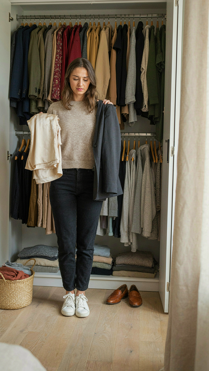 A person looks at a closet full of many clothing options.