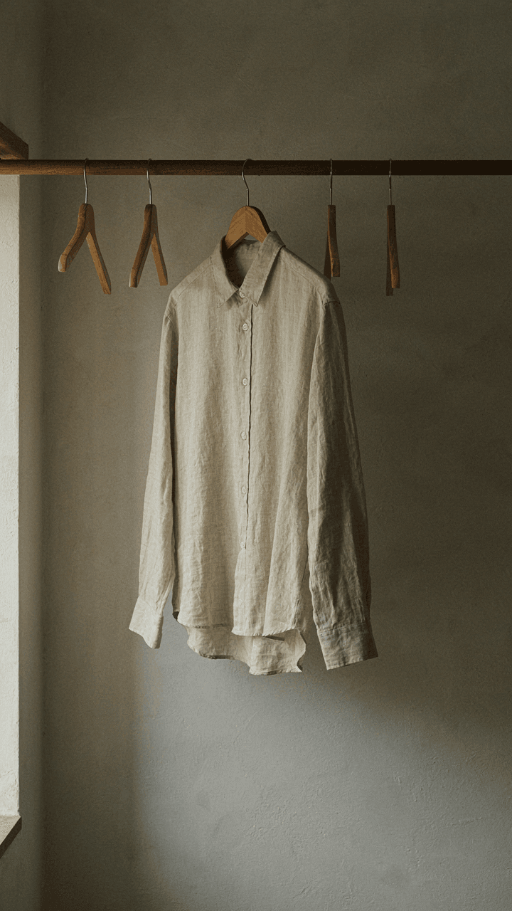 A single, perfectly hung linen shirt in a minimalist closet, representing effortless style.