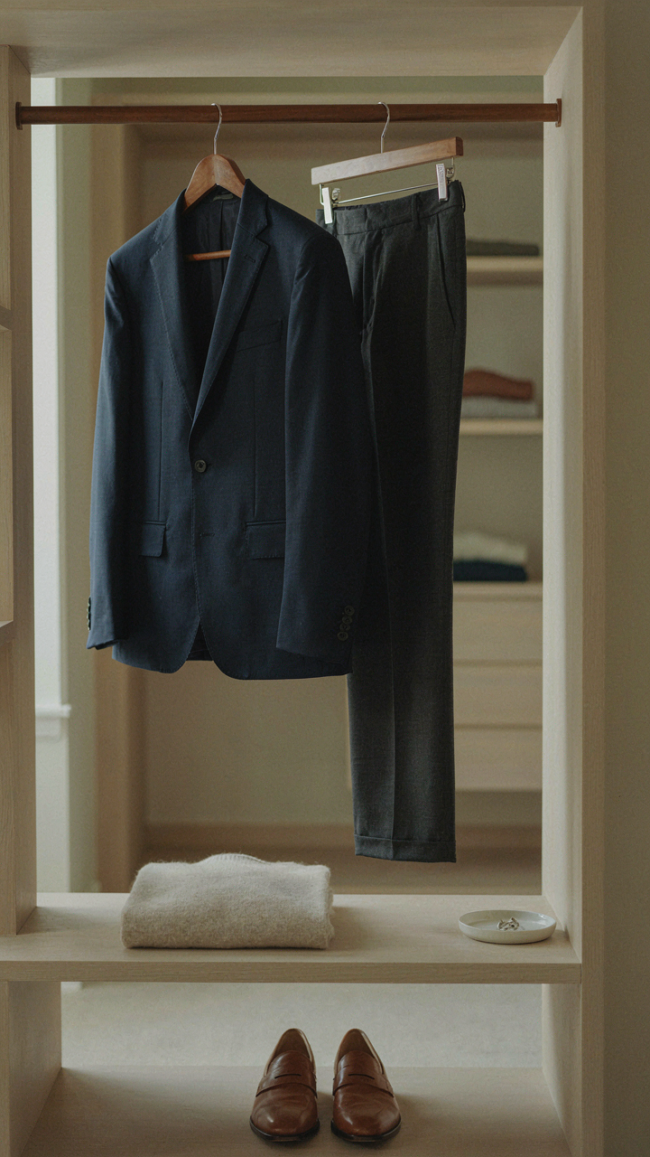 A neatly folded navy blazer and clean trousers hang in an organized closet.
