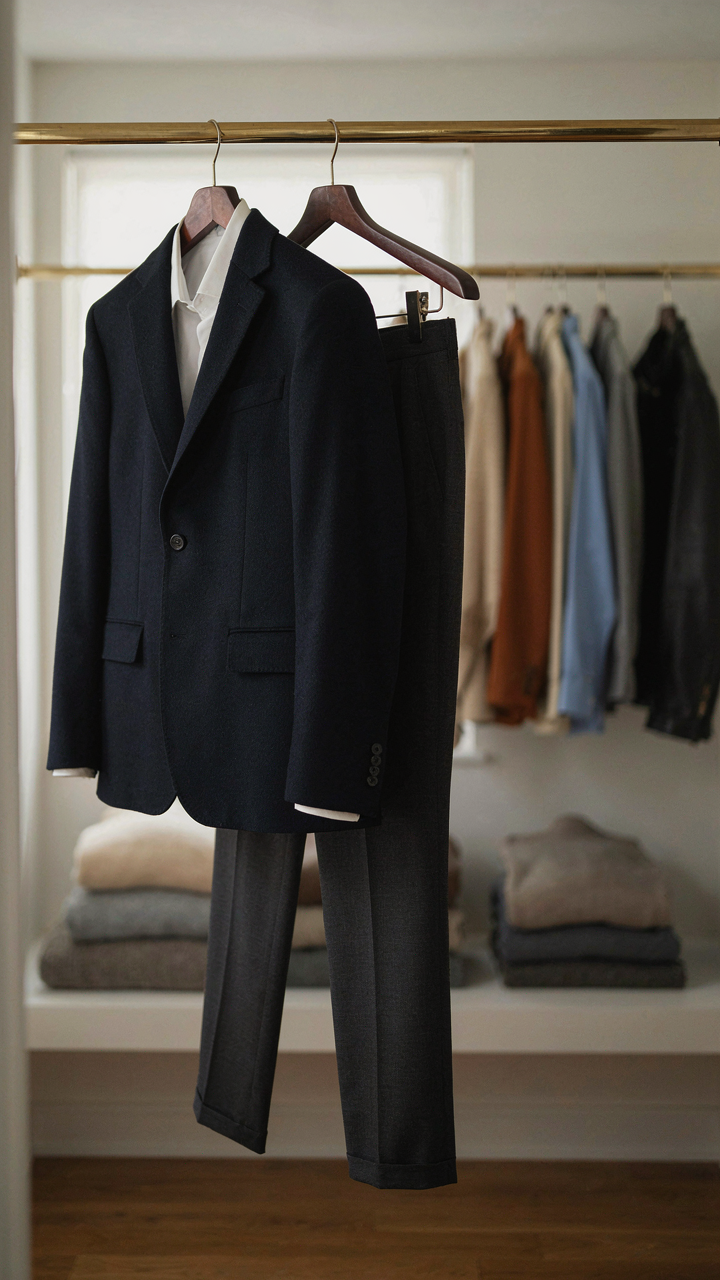 A navy blazer and tailored trousers are neatly organized in a closet.