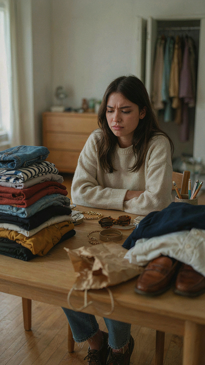 A person looks stressed while trying to choose an outfit from many clothes.