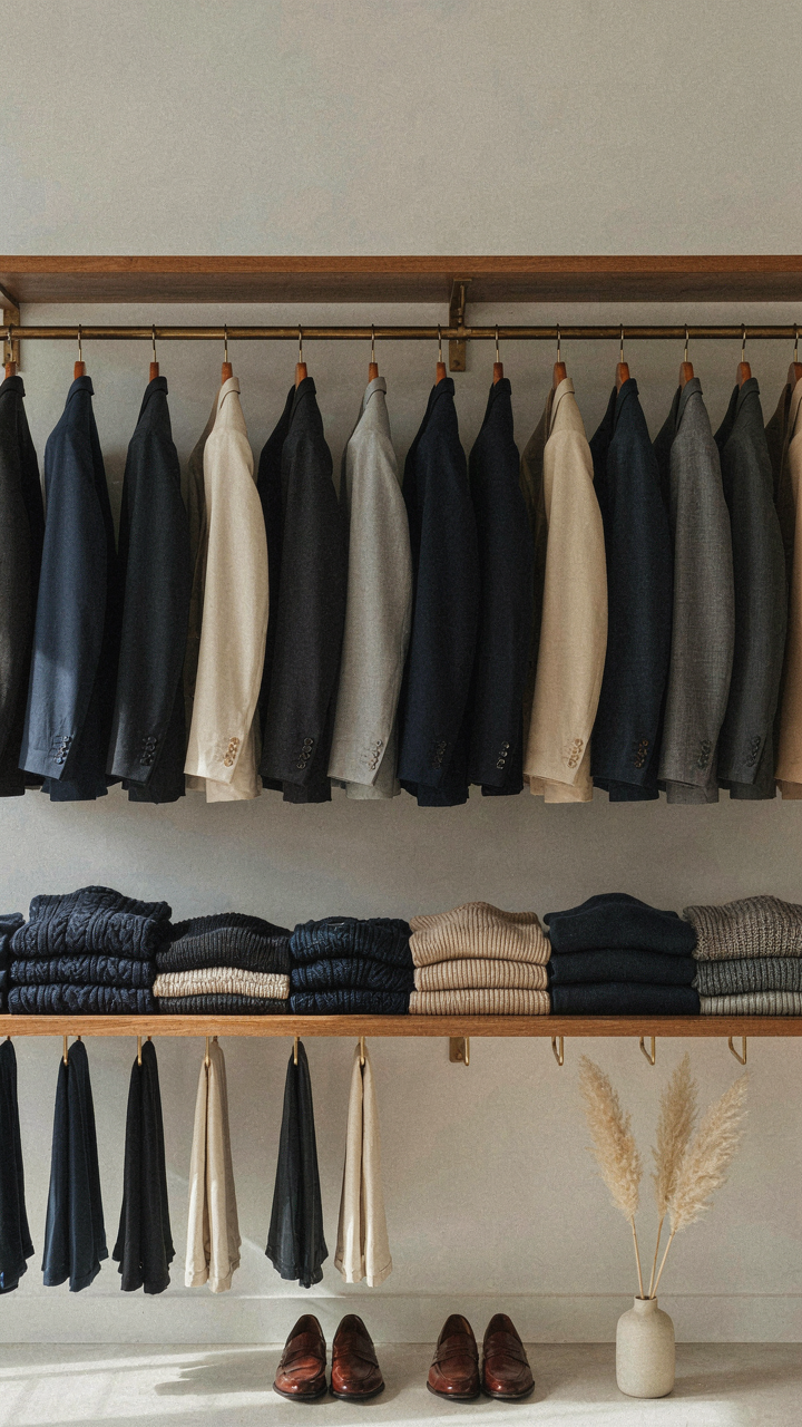 A closet shows organized clothes in navy, charcoal, and cream.