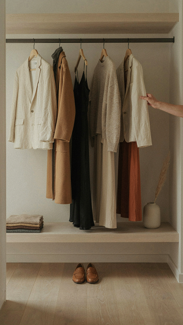 A minimalist closet with a few coordinated outfits, a hand reaching for one.