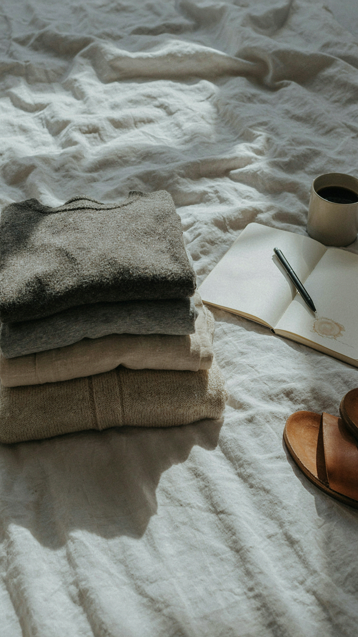 A small stack of neutral clothes sits next to a journal with notes on optimized packing.