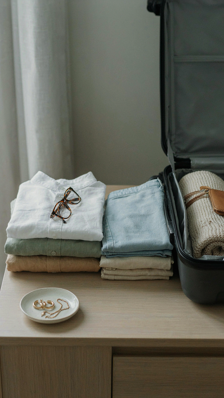 A neatly folded stack of three shirts and two pairs of shorts on a dresser.