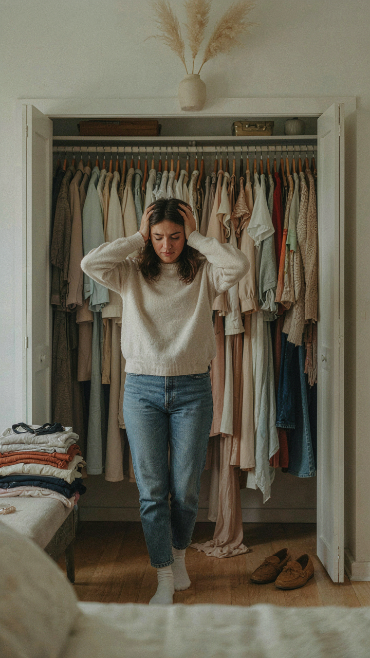 A person looks stressed in front of a closet packed with too many clothes.