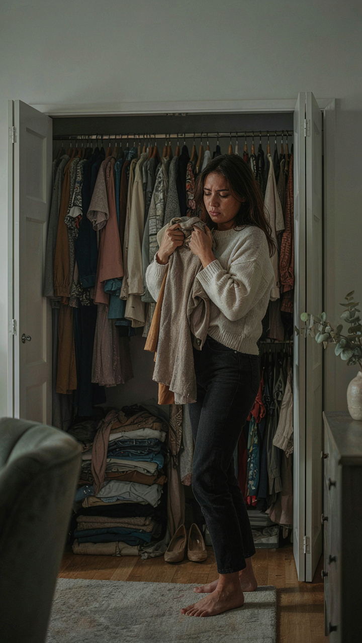 A woman looks stressed in front of an overflowing closet at night.