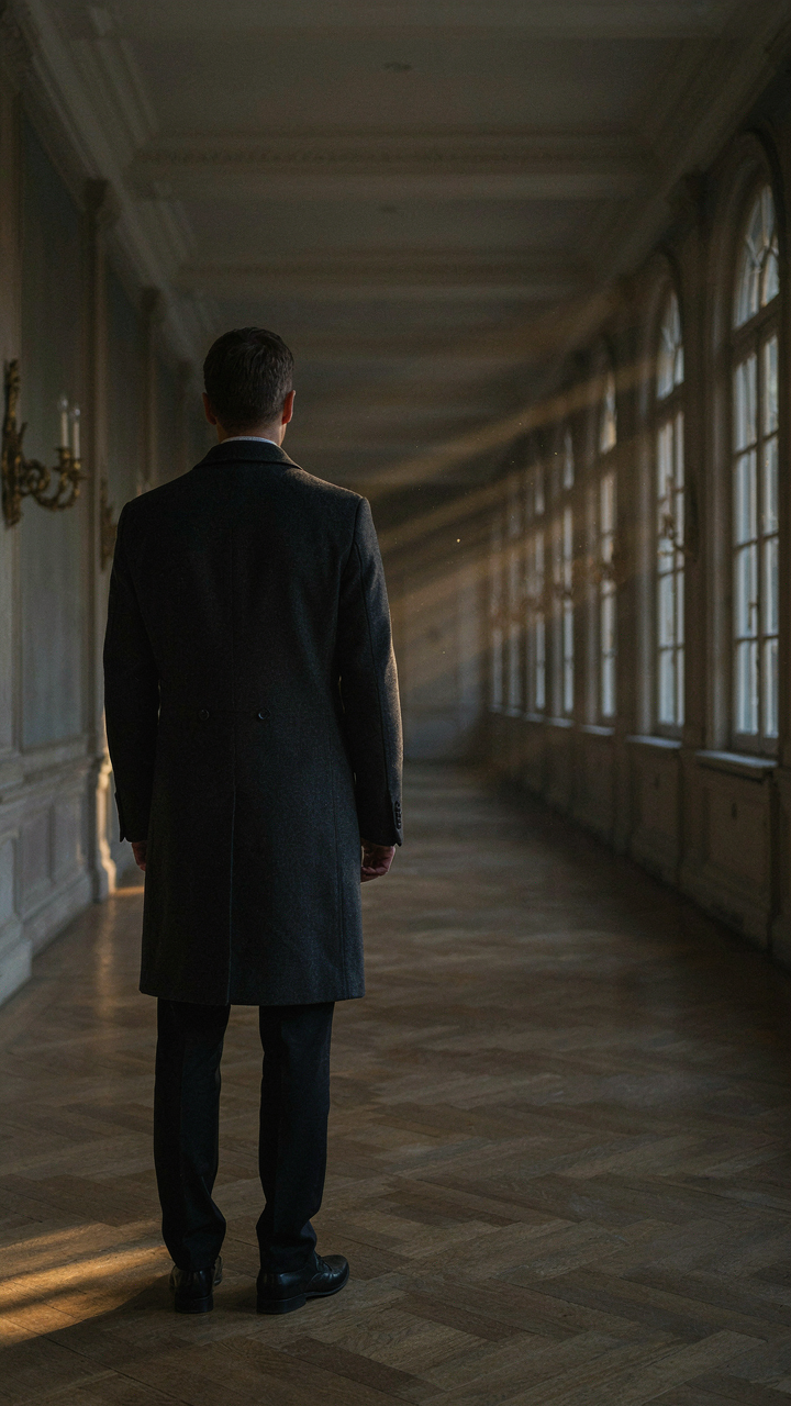 A person wears a perfectly tailored dark wool formal coat in a grand hall.