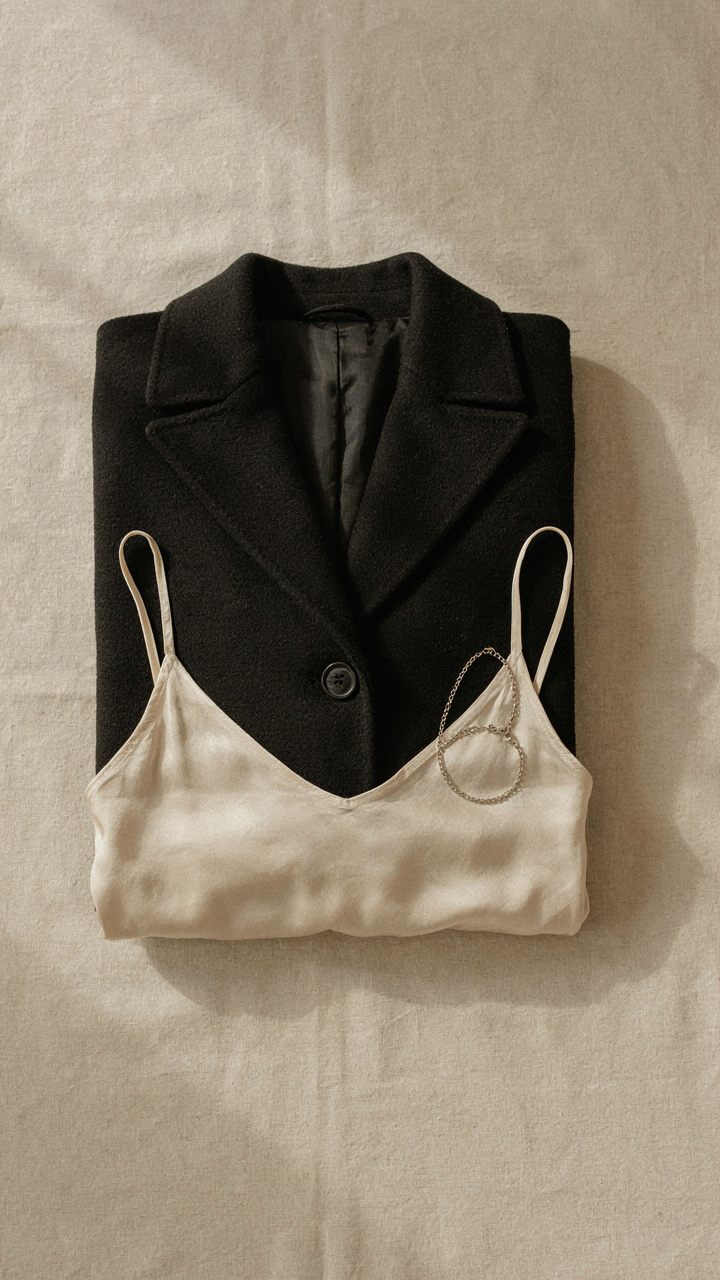 A flat lay of a black wool coat, cream silk camisole, and a single silver bracelet.