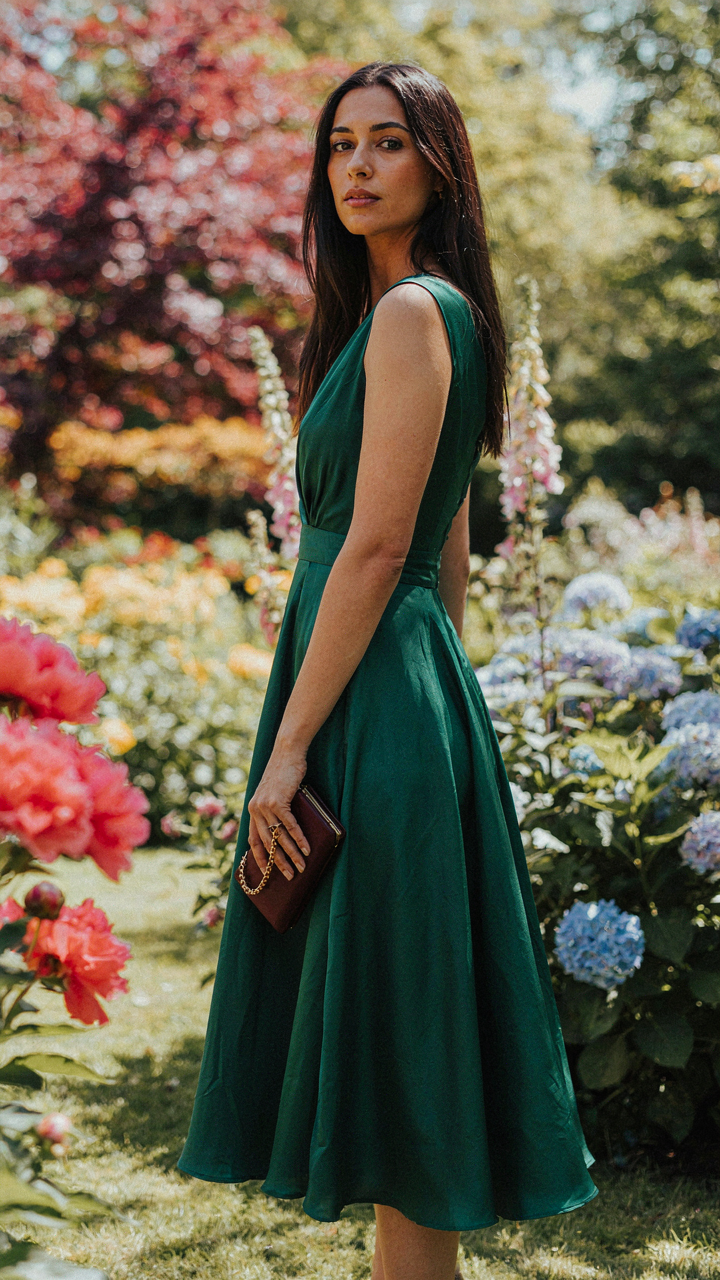 A woman in a long green dress stands in a garden holding a small clutch.