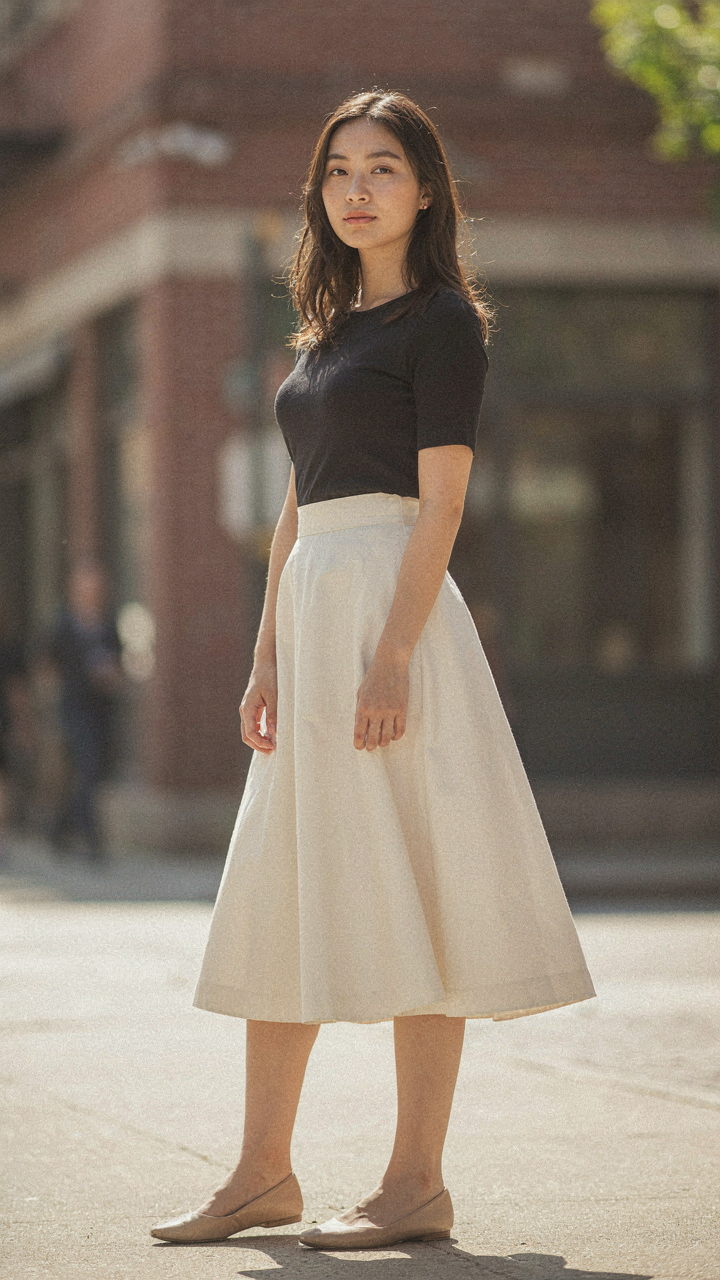 A woman wearing a dress with a dark top and a light-colored A-line skirt.