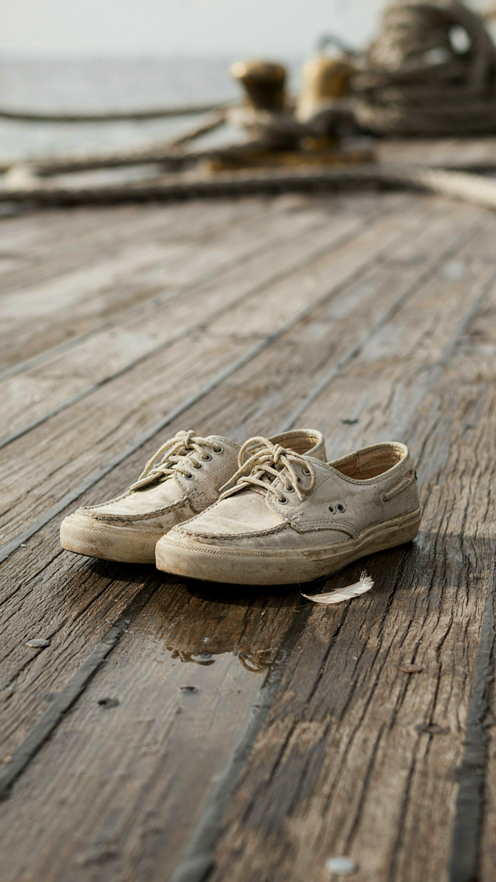 Deck shoes with siping on their soles for grip on a wet ship deck.