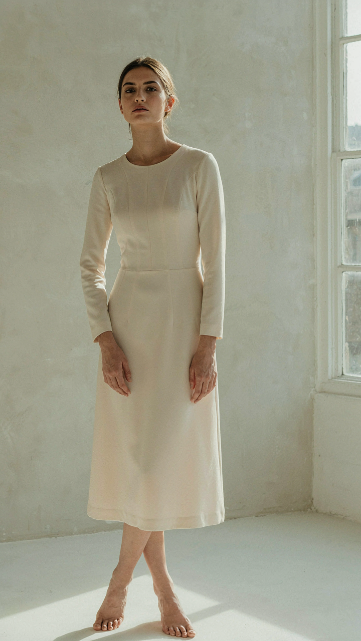 A woman stands confidently in a perfectly fitted, structured midi dress.