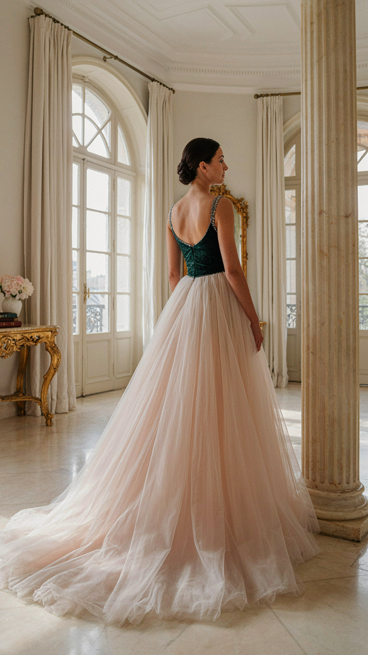 A woman in an elaborate tulle skirt evening outfit stands confidently in an elegant room.