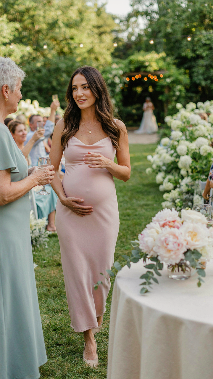 A pregnant woman in a beautiful dress walks with poise at a wedding.