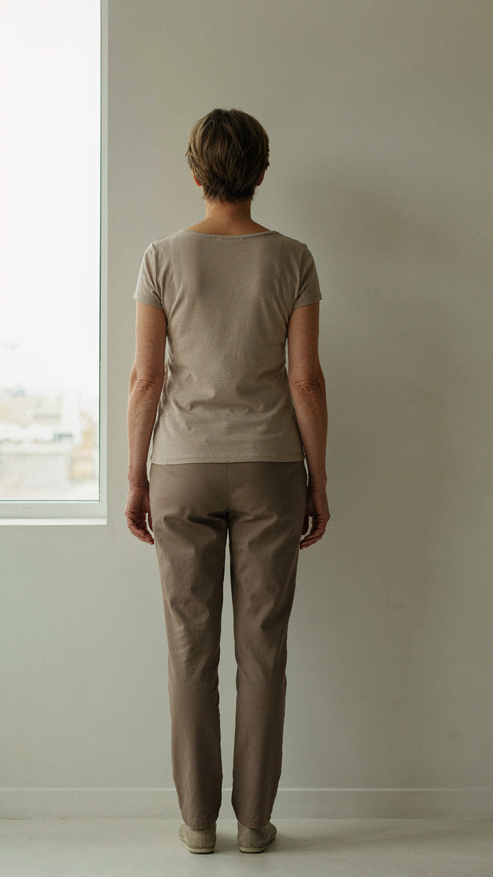A woman stands with good posture against a wall, demonstrating alignment.