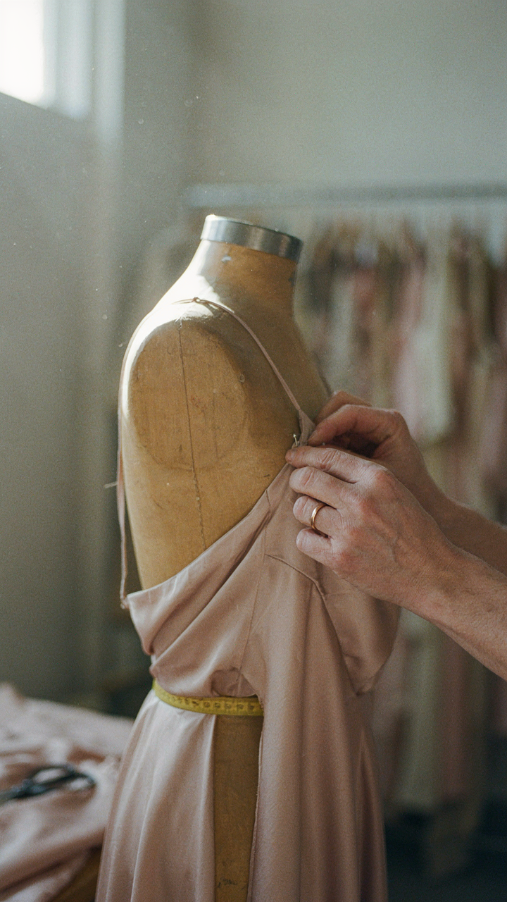 A tailor's hands precisely pinning a hemline on a dress.