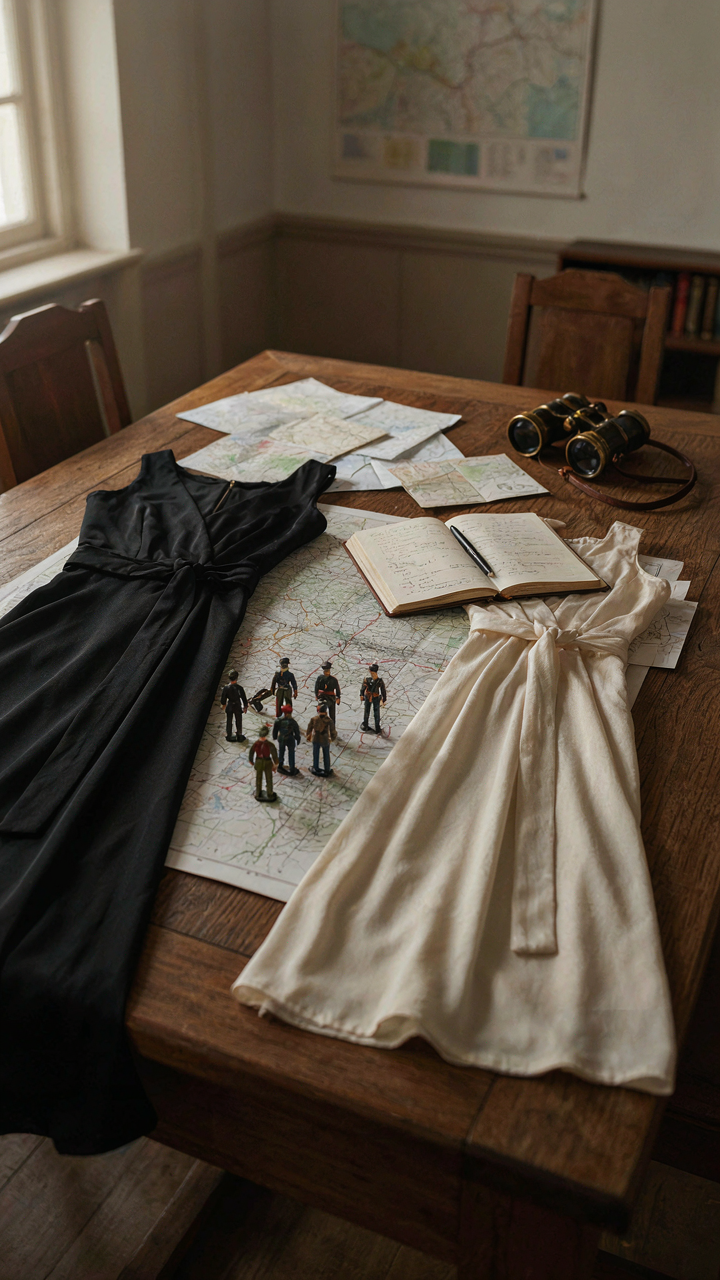 A table with military maps and different styles of wrap dresses.