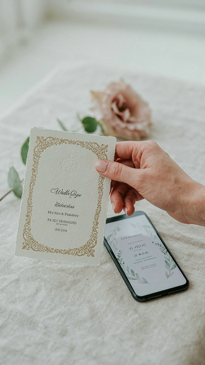 An elegant engraved wedding invitation next to a digital one on a phone.