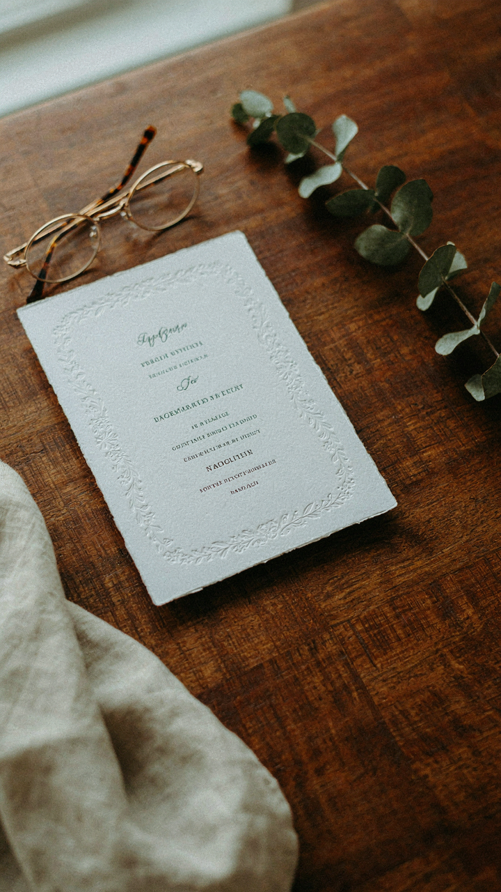 A formal invitation card resting on a wooden table, with reading glasses.