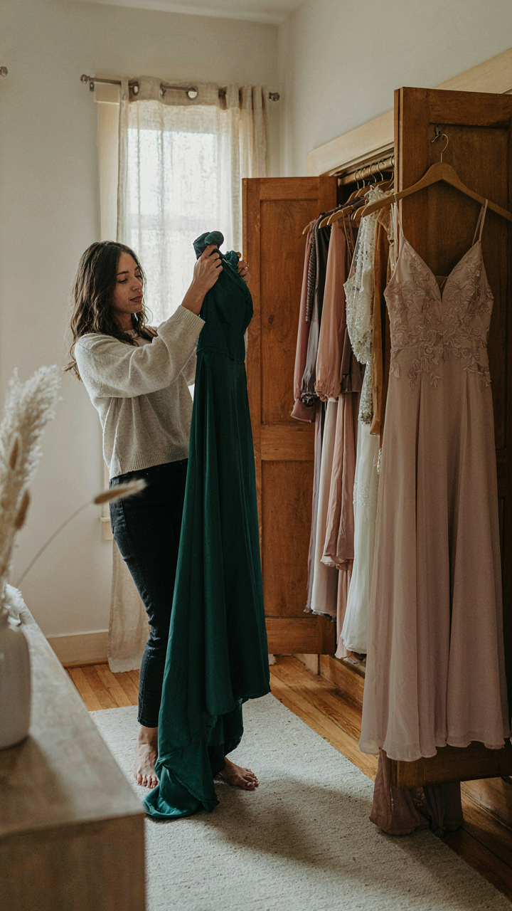 A woman holds a long formal gown, choosing an outfit for a country club event.