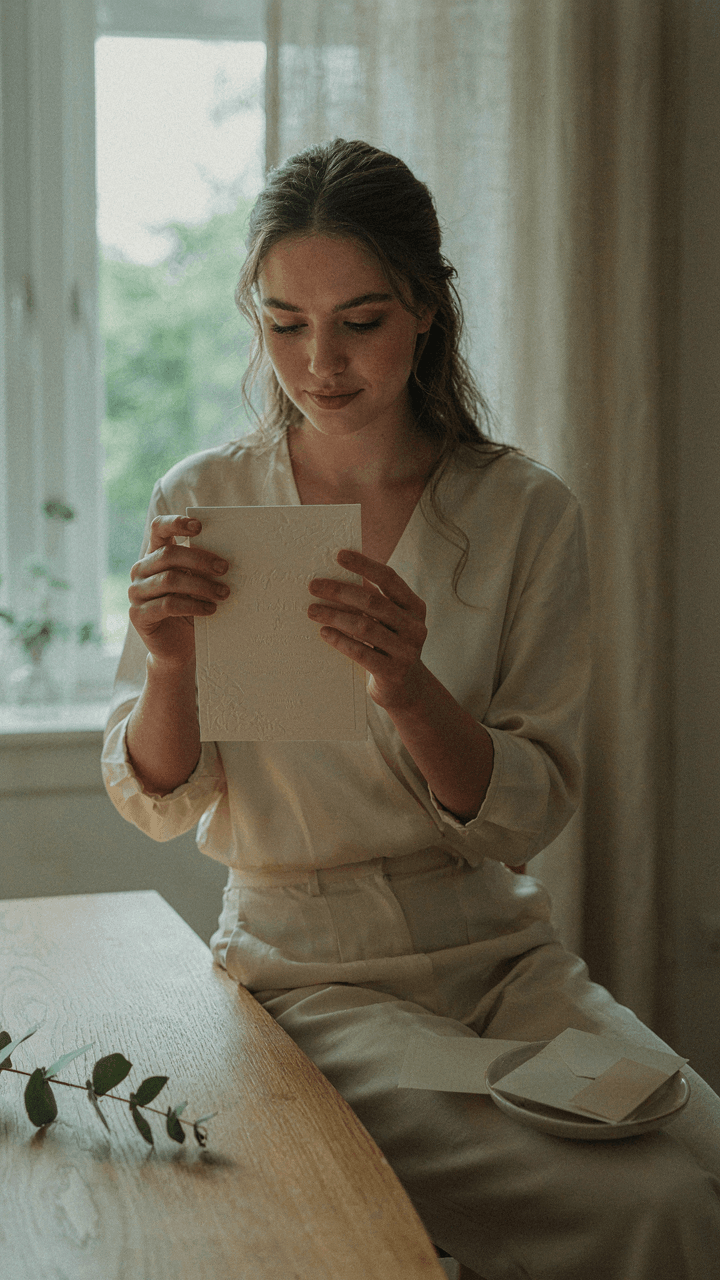 A woman reads a formal church wedding invitation for details on attire.