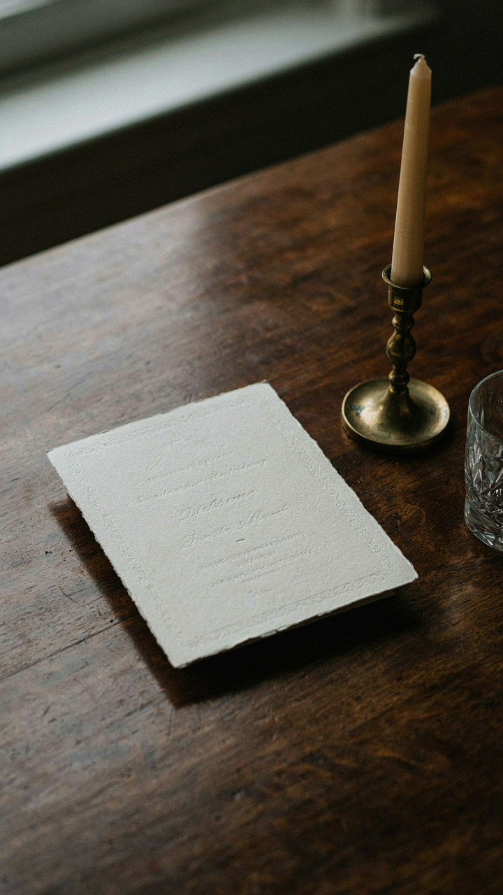 An elegant event invitation card lies on a polished wooden table.