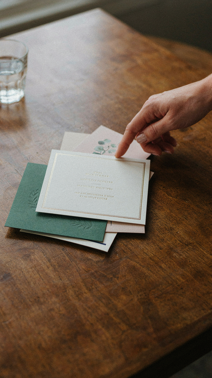 A hand points at diverse event invitations, highlighting different causes and dress codes.