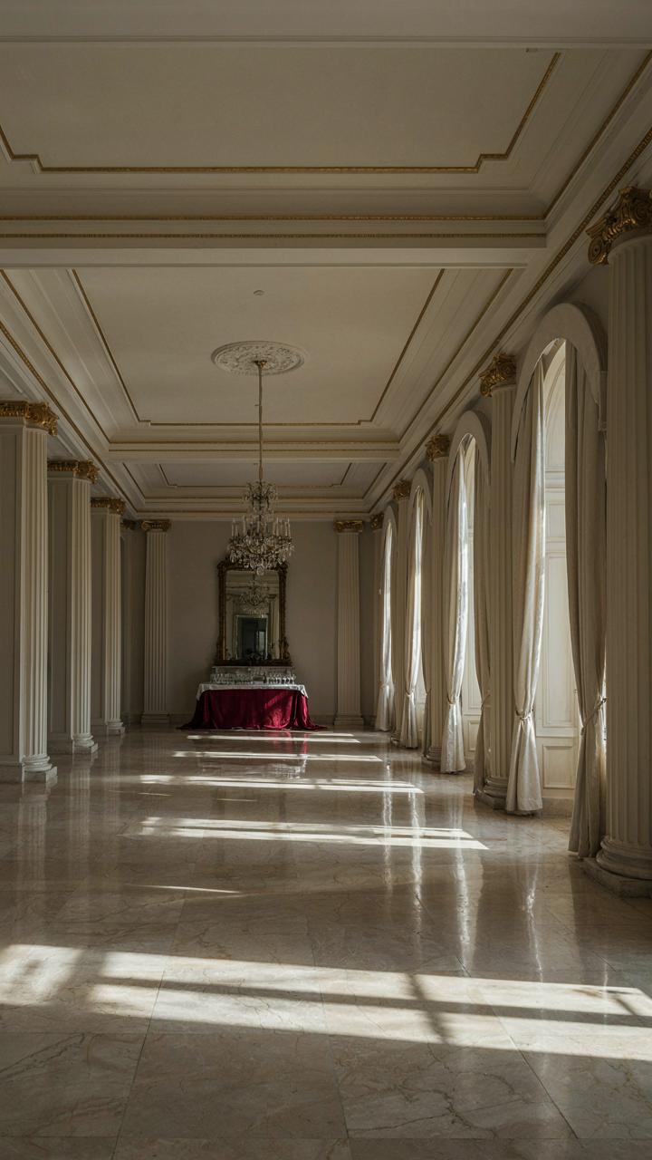 A grand ballroom with high ceilings and marble floors, lit by natural and artificial light.