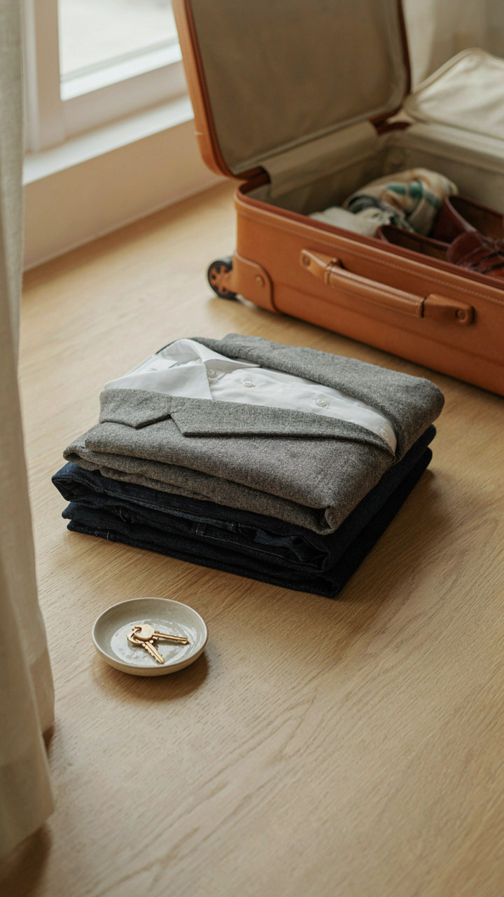 A stack of versatile, neutral-colored clothes for a trip.