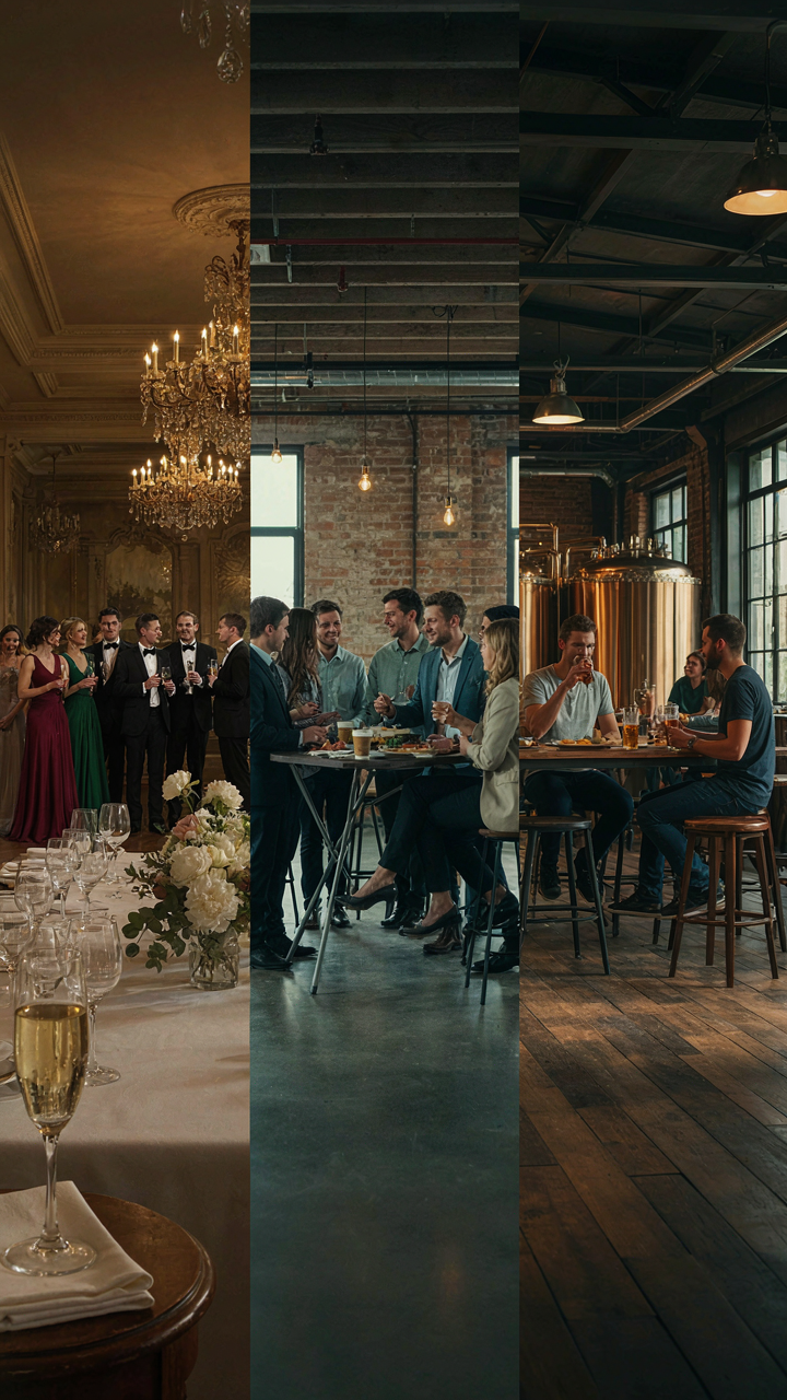 A visual gradient from a formal ballroom to a casual brewery.