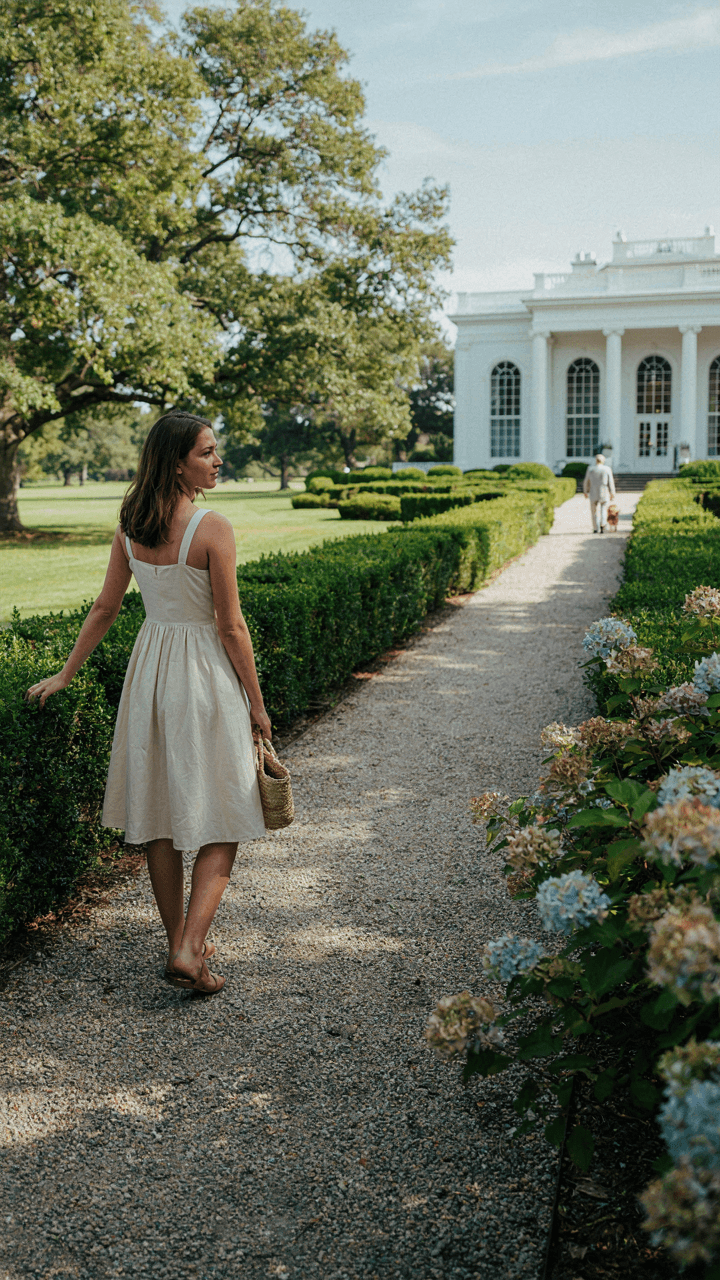 Woman in a sundress observes a formal country club from a garden path.
