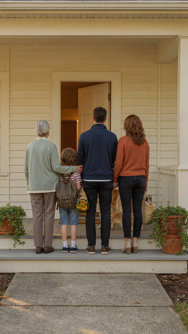 Family members entering a home for a gathering, seen from behind.